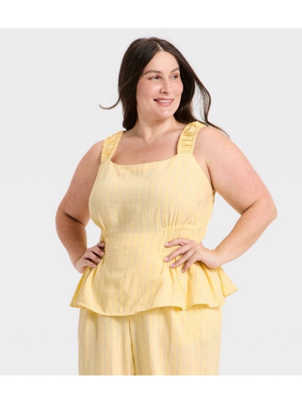 A New Day Ruched Printed Linen Top (Yellow - Size 2X)